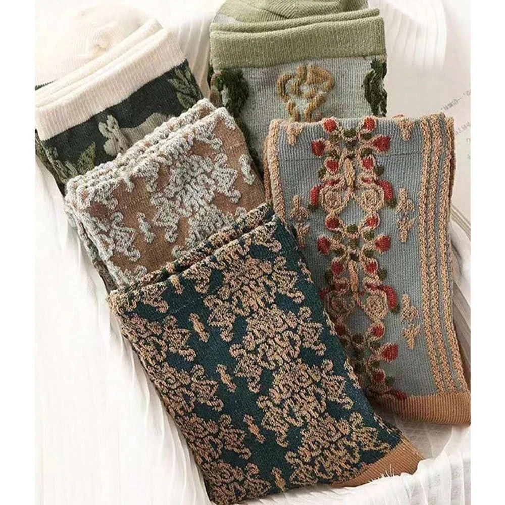 Vintage Look Textured Multicolor Mid Length Socks Set